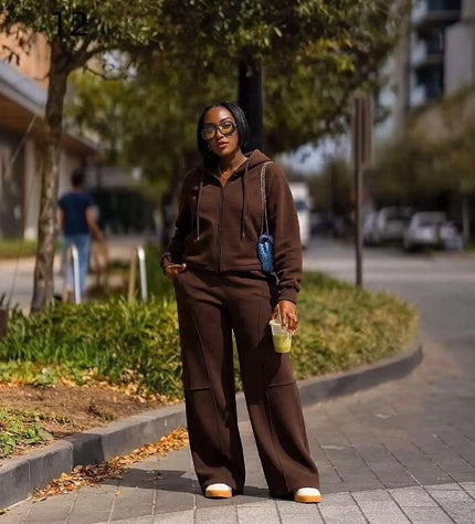 Women’s coffee-brown zip hoodie crop top and wide-leg tracksuit pants set
