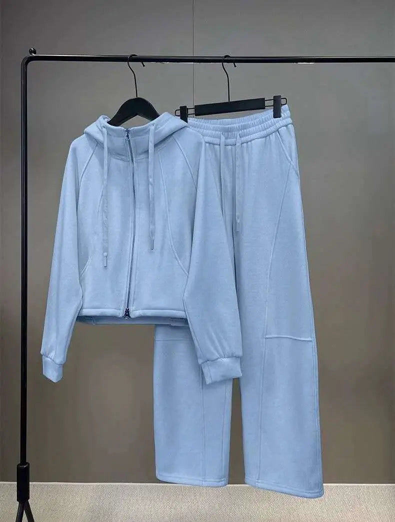 Women Two Piece Tracksuit Hooded Zip Crop Top Wide Leg Pant Daily Lounge Outfit