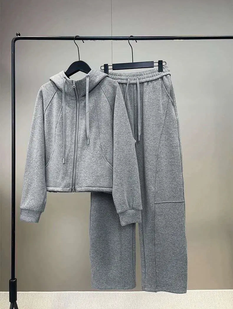 Women Two Piece Tracksuit Hooded Zip Crop Top Wide Leg Pant Daily Lounge Outfit