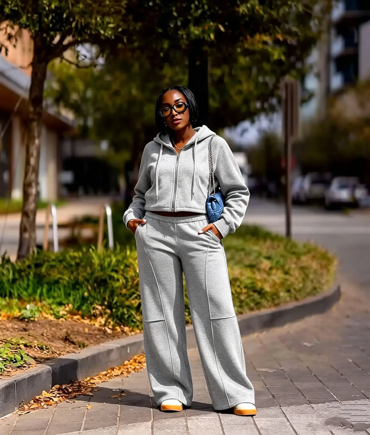 Women Two Piece Tracksuit Hooded Zip Crop Top Wide Leg Pant Daily Lounge Outfit