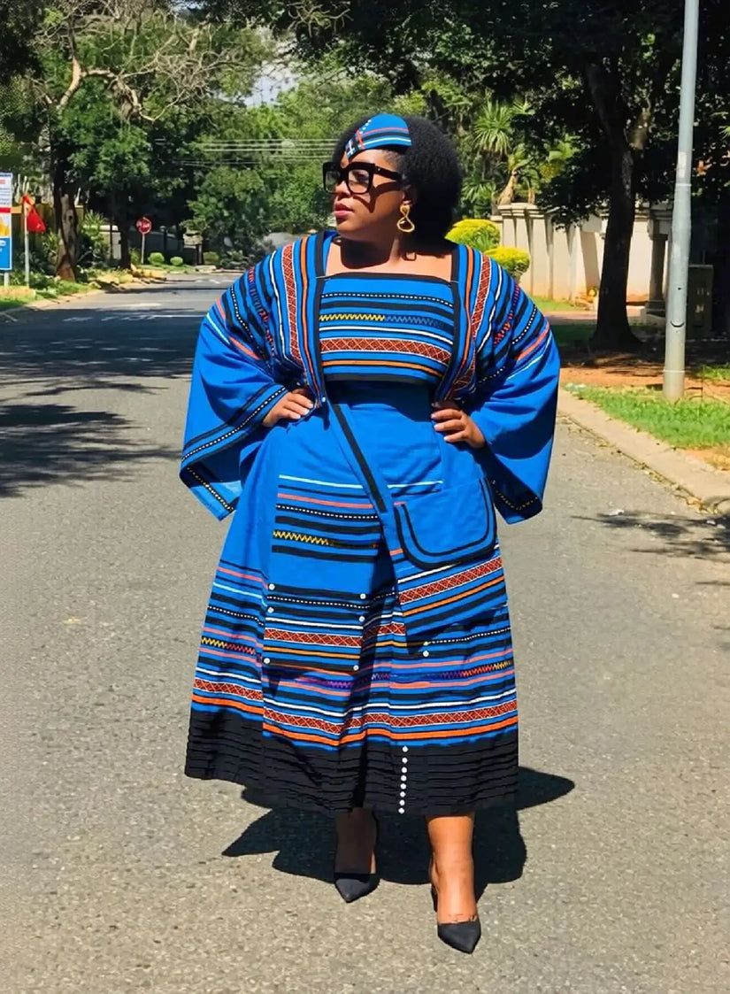 African maxi skirt set in blue and black with striped geometric print and dark tiered skirt