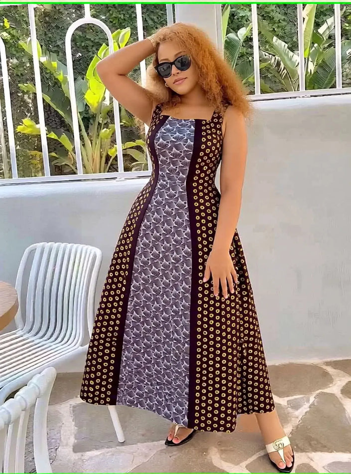 Brown geometric A-line maxi dress with spaghetti straps, square neckline, flared skirt