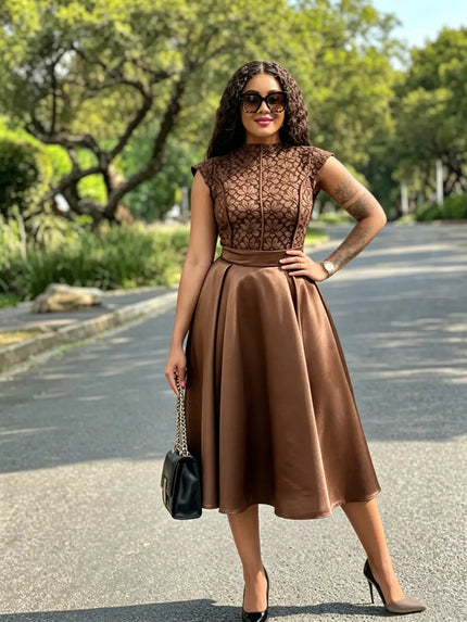 Brown embroidered sleeveless A-line midi dress with high neckline, fitted bodice