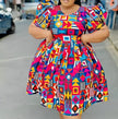 Plus size puff-sleeve printed midi dress, geometric multicolor design, gathered waist