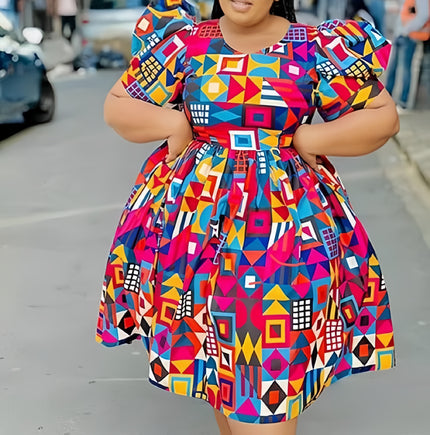 Plus size puff-sleeve printed midi dress, geometric multicolor design, gathered waist