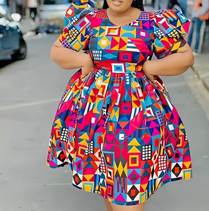 Plus size puff-sleeve printed midi dress, geometric multicolor design, gathered waist
