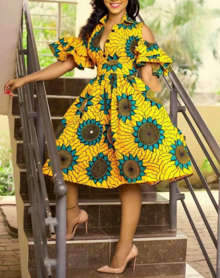Off-shoulder midi African print dress with ruffle sleeves, yellow teal circular pattern