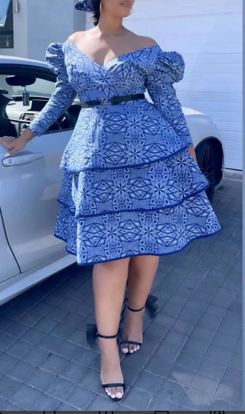 Geometric Floral Motif Layered Ruffle Traditional Dress