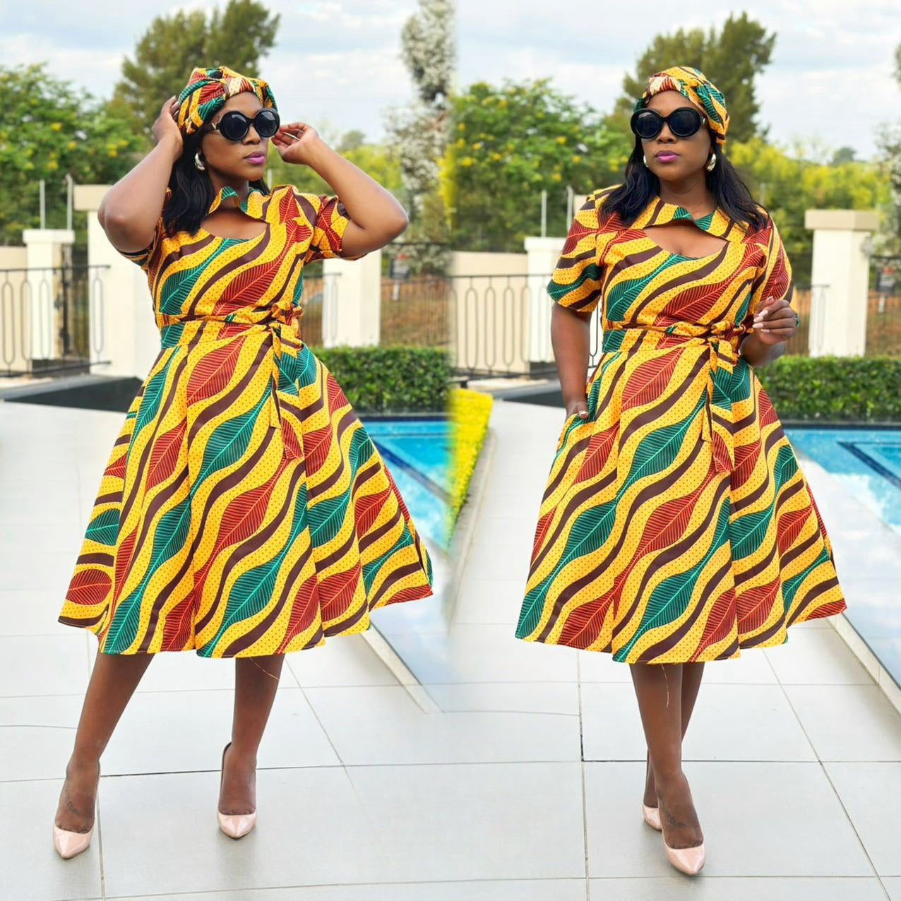 Wrap dress with wave swirl print, V-neck, short sleeves, adjustable waist tie