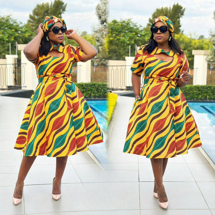 Wrap dress with wave swirl print, V-neck, short sleeves, adjustable waist tie