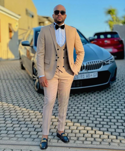 Khaki slim-fit 3-piece suit with peak lapel jacket, vest, and trousers