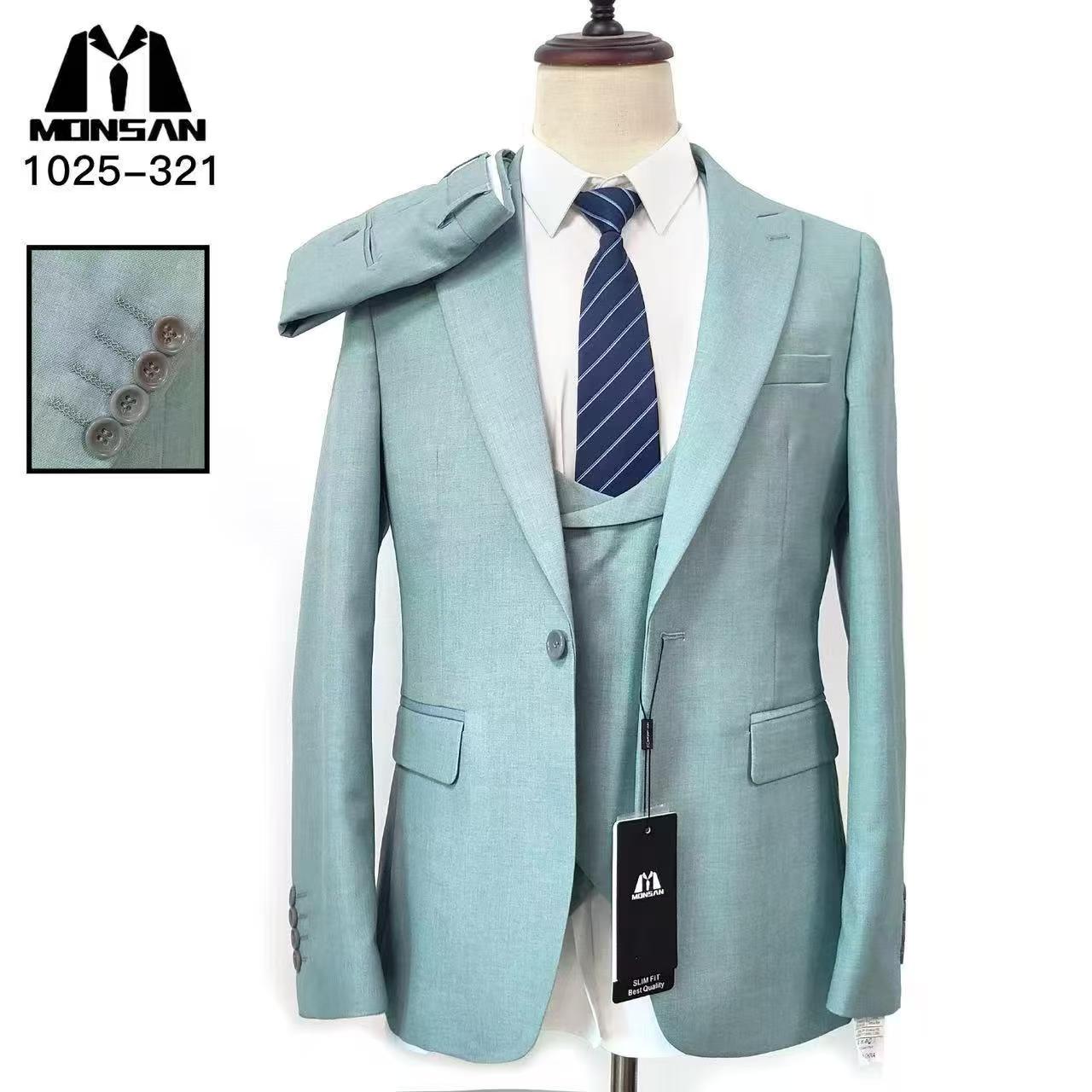 Mint slim-fit 3-piece suit with notched lapel jacket and matching waistcoat