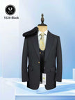 Black peak-lapel suit jacket on mannequin, gold buttons and flap pockets