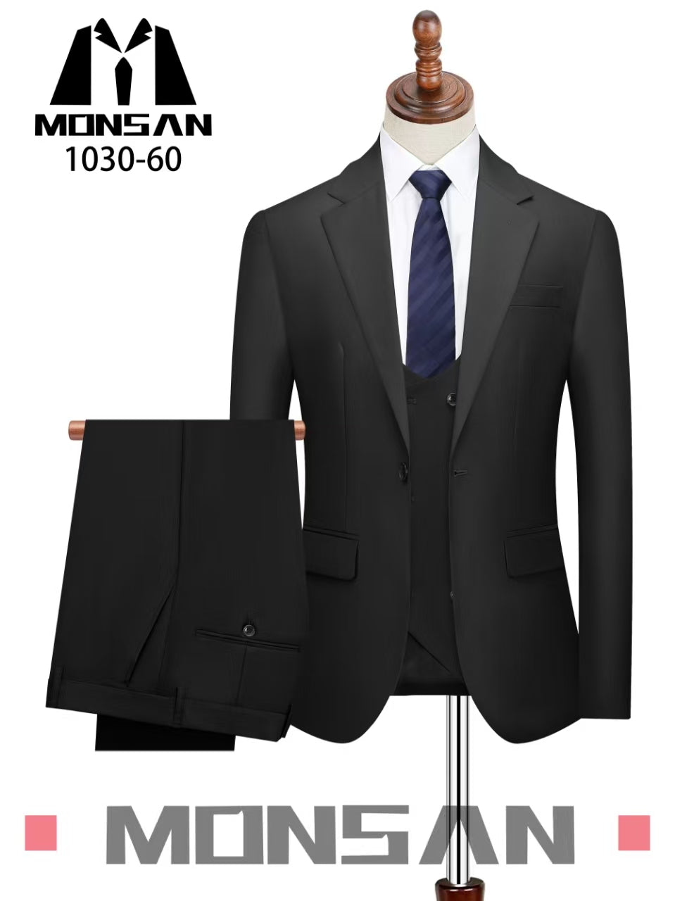 Men's slim-fit 3-piece suit set in black: notched lapel jacket, vest, trousers