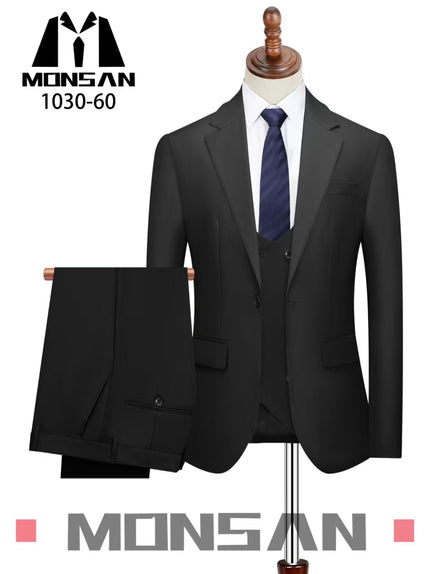 Men's slim-fit 3-piece suit set in black: notched lapel jacket, vest, trousers