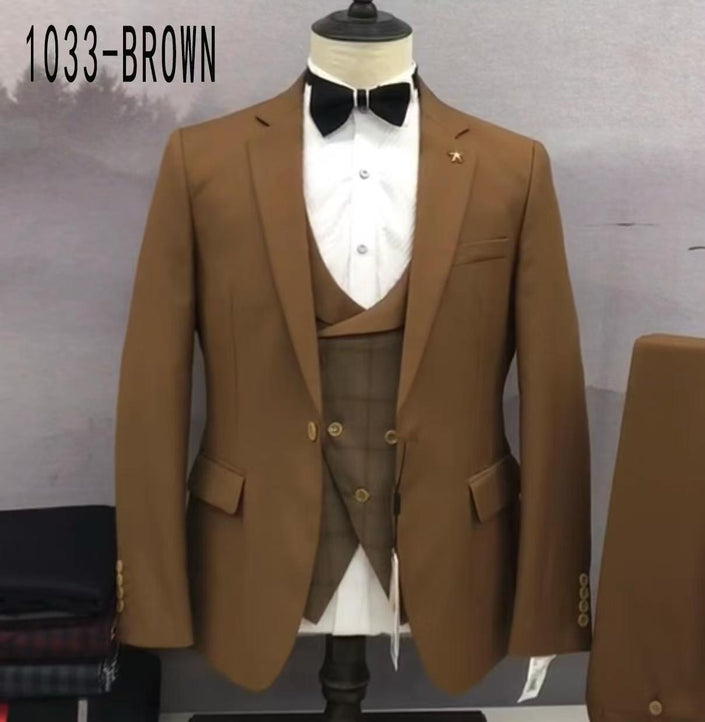 Brown slim-fit suit jacket with plaid waistcoat and white dress shirt, black bow tie