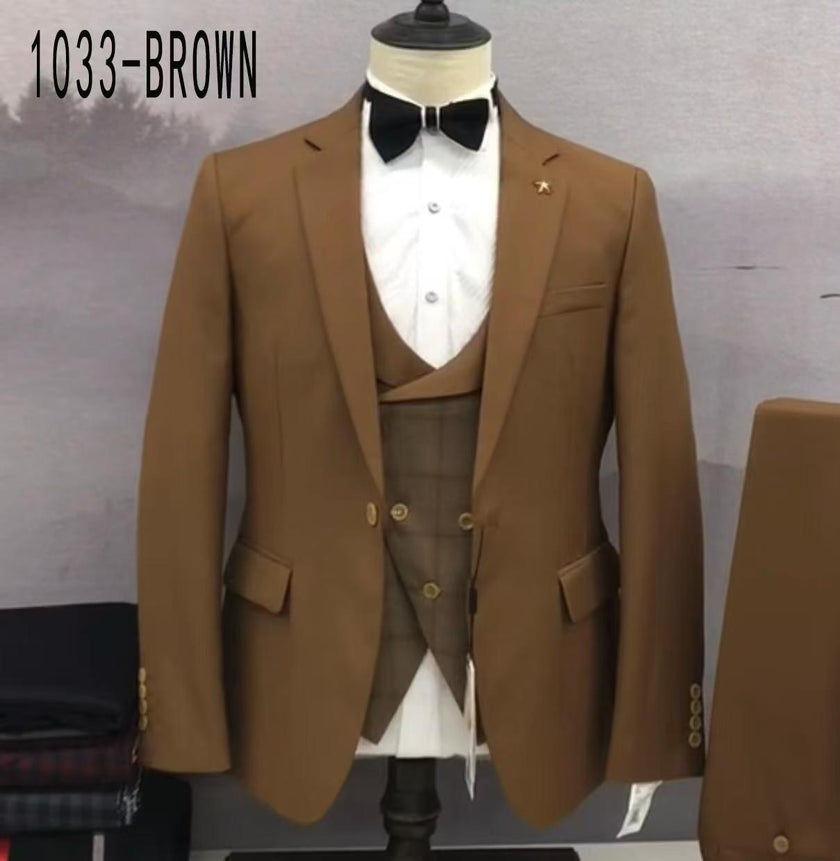 Brown slim fit plaid waistcoat set with brown jacket, vest, white shirt, black bow tie