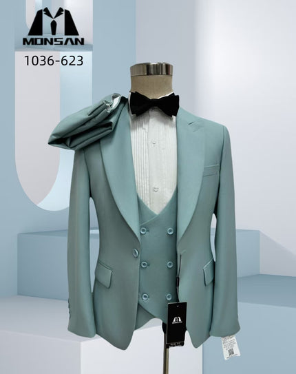 Mint green slim fit peak lapel suit jacket with matching waistcoat and black bow tie