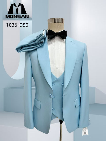 Light blue slim fit 3-piece suit with jacket, white vest and black bow tie