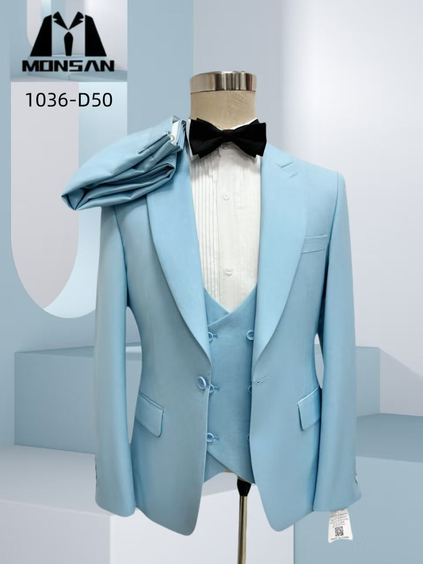 Light blue slim fit 3-piece suit with jacket, white vest and black bow tie
