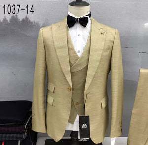 Light khaki slim-fit 3-piece suit with blazer and vest, white shirt, black bow tie