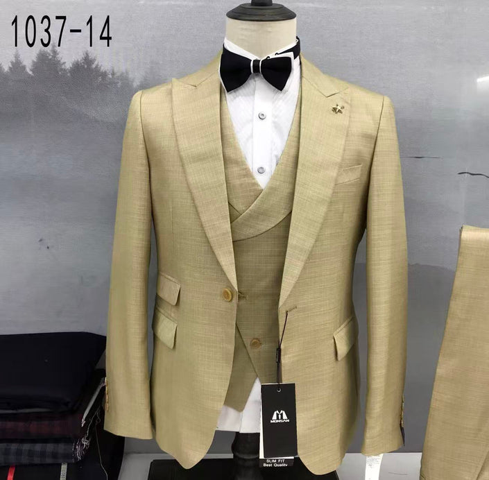 Light khaki slim-fit 3-piece suit with blazer and vest, white shirt, black bow tie