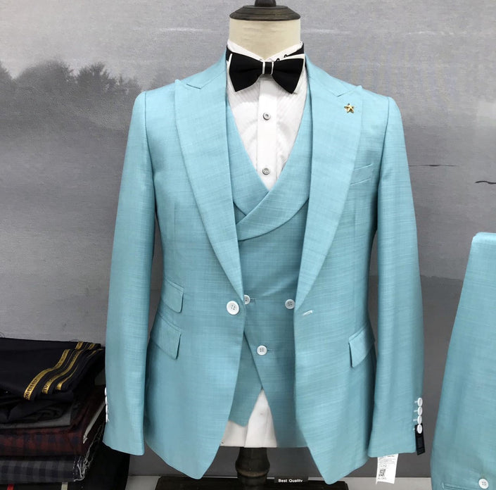 Light blue textured three-piece suit, notched lapel jacket and matching waistcoat