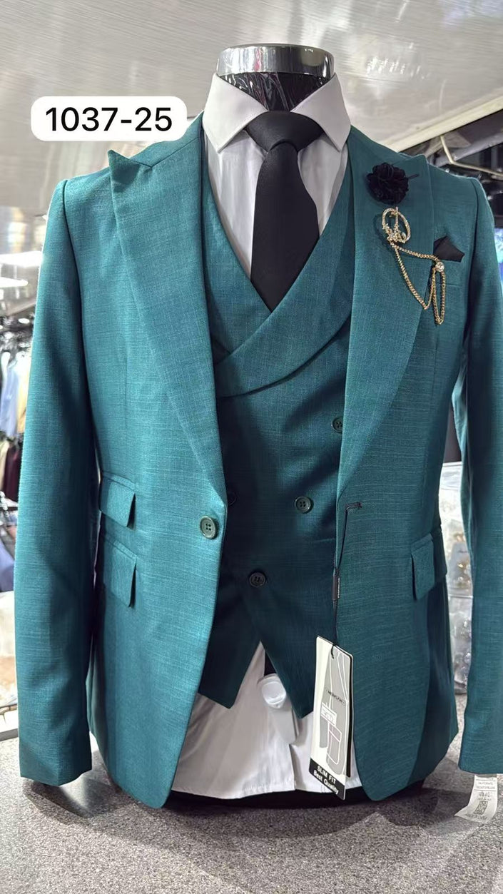 Teal slim-fit 3-piece suit with peak lapel jacket, vest, white shirt, black tie