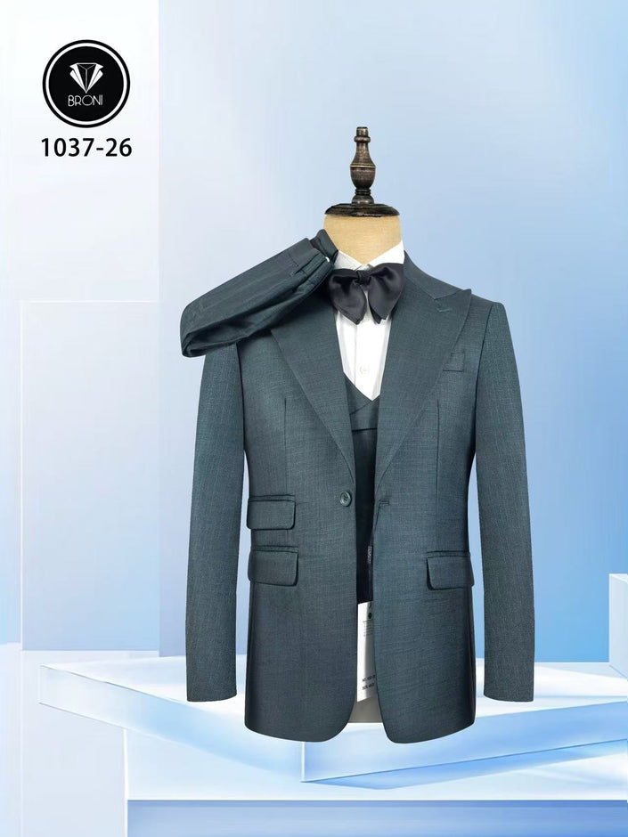 Slim-fit dark teal suit jacket and waistcoat set with peak lapels