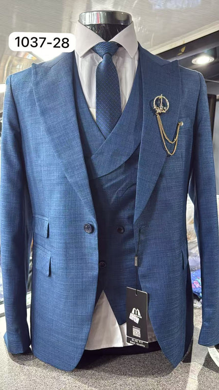 Blue slim-fit three-piece suit with peak lapels, vest, white shirt and blue tie