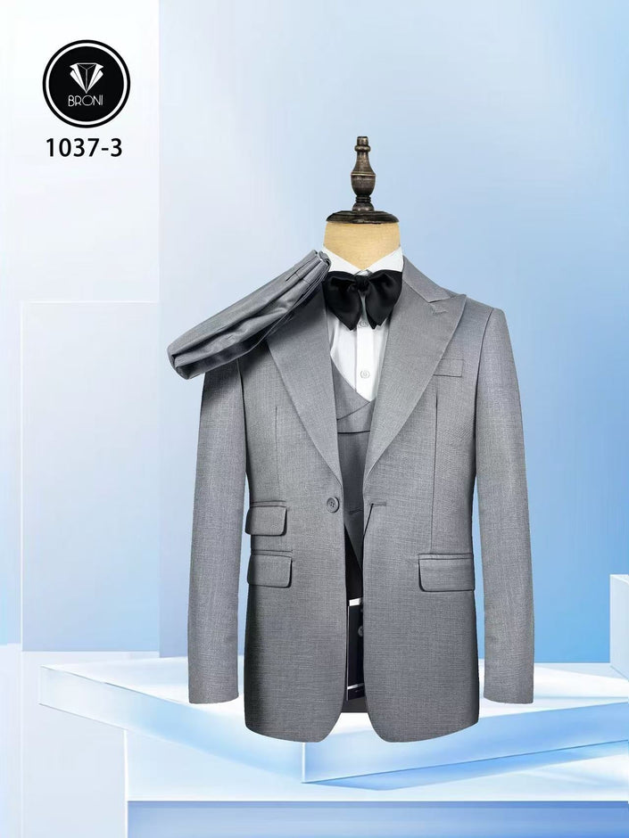 Men's slim fit light grey formal suit with vest and bow tie, tailored jacket