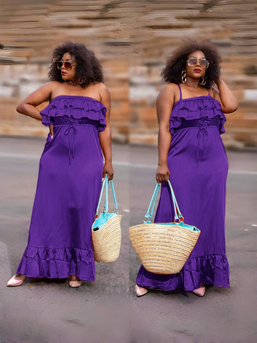 Purple sleeveless ruffle maxi dress with tiered hem and drawstring waist
