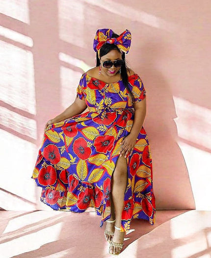Colorful African print maxi dress with high slit and matching headwrap with bow