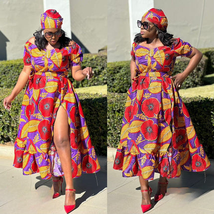 Maxi dress with colorful African print, front slit, short sleeves and matching headwrap