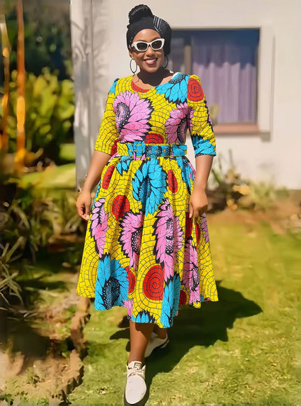 Multicolor African print flared midi dress with puff sleeves, belted waist
