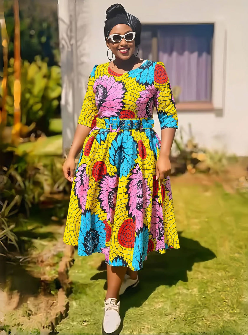 Multicolor African print flared midi dress with puff sleeves, belted waist