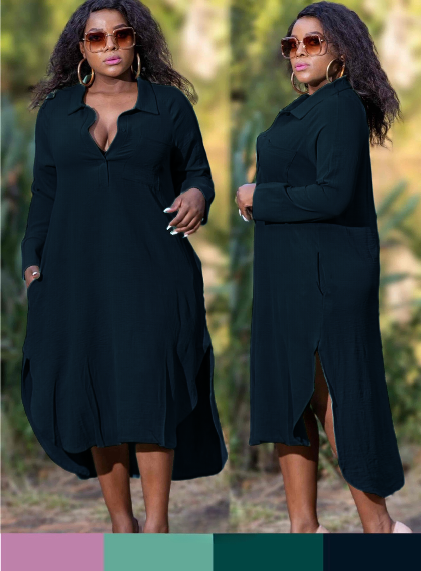Plus size long-sleeve shirt dress, black midi with button placket and front slit