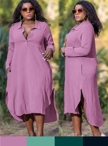 Plus size long-sleeve shirt dress, pink midi with button placket and front slit