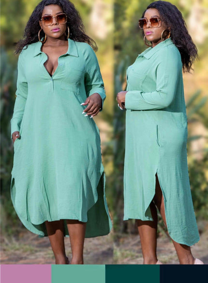 Plus size long-sleeve shirt dress, aquamarine midi with button placket and front slit