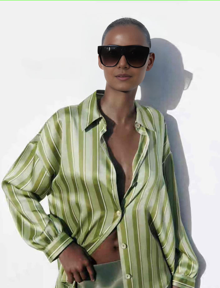 Green striped collared shirt blouse with button front and long sleeves