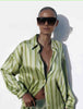 Green striped collared shirt blouse with button front and long sleeves