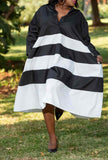 Collared midi stripe dress with flared skirt, black with wide white horizontal stripes