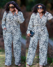Zebra print collared shirt and high-waist wide-leg pants, button-front and belt loops