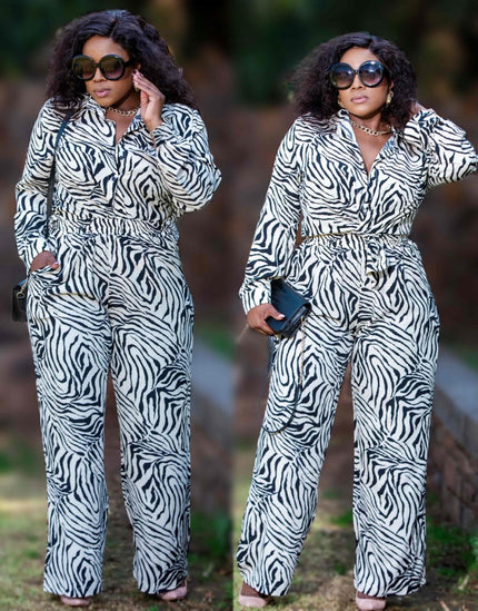 Zebra print collared shirt and high-waist wide-leg pants, button-front and belt loops