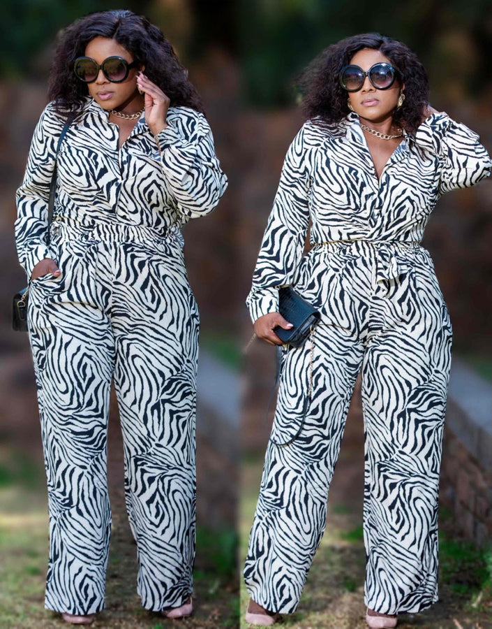 Zebra print collared shirt and high-waist wide-leg pants, button-front and belt loops