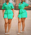 Short-Sleeve Button-Up Collared Dress with Chest Pockets and Waist Tie