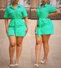 Short-Sleeve Button-Up Collared Dress with Chest Pockets and Waist Tie