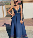 Embellished V-neck sleeveless top and midi skirt with contrast trim, dark blue