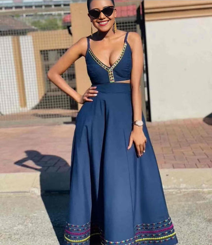 Embellished V-neck sleeveless top and midi skirt with contrast trim, dark blue