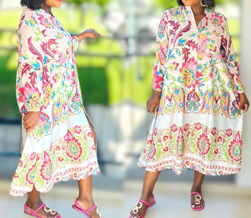 Bohemian floral midi dress with long sleeves, white base and multicolor paisley pattern